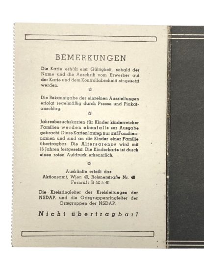 Original WWII German ‘Jahreskarte’ 1941 Kunstausstellungen, Museen und Sammlungen