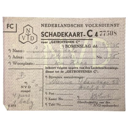 Original WWII Nederlandsche Volksdienst damage ID card of a member from Den Haag