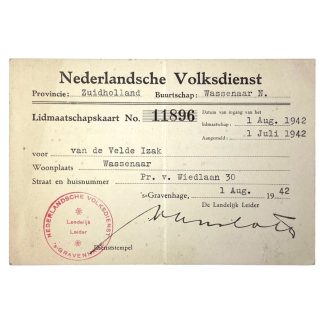 Original WWII Nederlandsche Volksdienst ID card of a member from Wassenaar