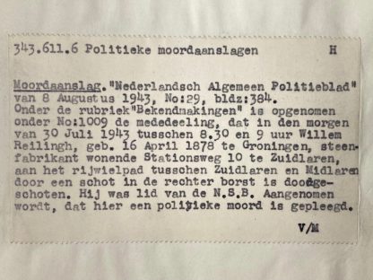 Original WWII Dutch NSB document regarding an execution of an NSB member by the Dutch resistance in Zuidlaren (Drenthe)