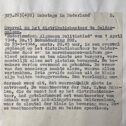 Original WWII Dutch NSB document regarding a resistance action in Geldermalsen (Gelderland)
