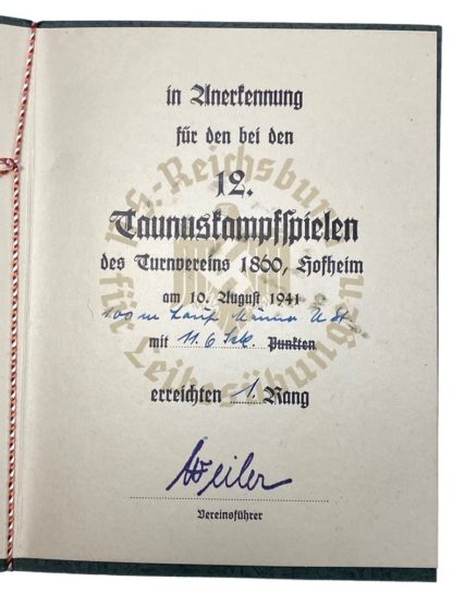 Original WWII German sports price booklet from a participant of Rüsselsheim