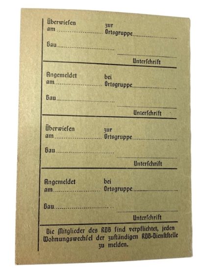 Original WWII German Reichsbund der Deutschen Beamten Beitragskarte from a member from Hamburg