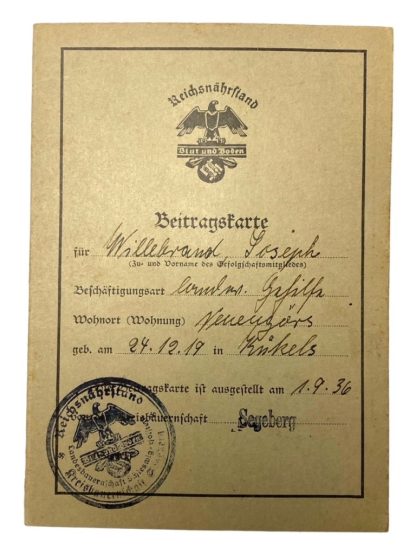 Original WWII German Reichsnährstand Beitragskarte of a member from Neuengörs