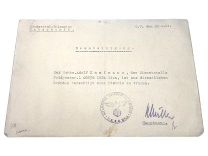 Original WWII German 'Sonderstab Bulgarien' Bescheinigung