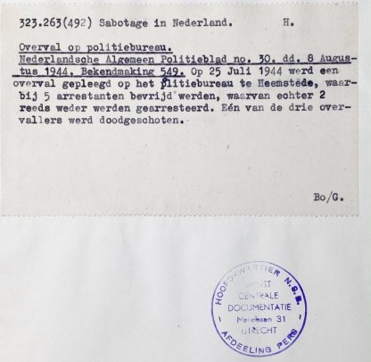 Original WWII Dutch NSB document regarding a resistance action in Heemstede (Noord-Holland)