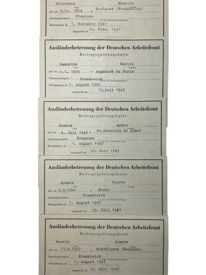 Original WWII German set of D.A.F. support abroad cards of French members