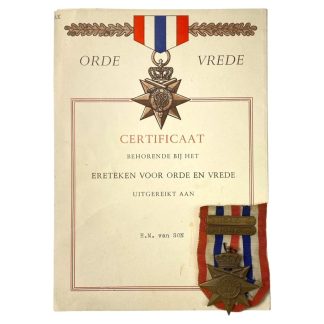 Original WWII Dutch 'Ereteken Orde en Vrede' with citation