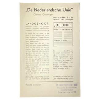 Original WWII Nederlandsche Unie afdeling Groningen flyer