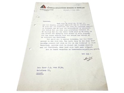 Original WWII Dutch NSB Anton Mussert letter send to the father of a Dutch SS volunteer in Delft
