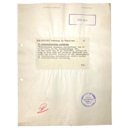 Original WWII Dutch NSB document regarding a resistance action in Groothuizen/Avenhorn (Noord-Holland)