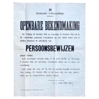 Original WWII Dutch announcement poster regarding 'Persoonsbewijzen'