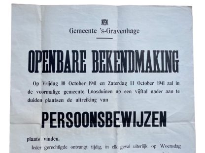 Original WWII Dutch announcement poster regarding 'Persoonsbewijzen'