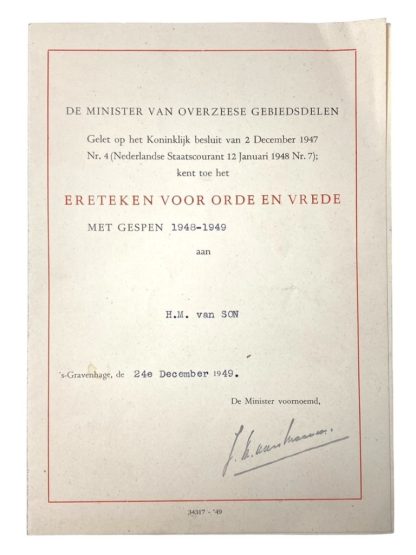 Original WWII Dutch 'Ereteken Orde en Vrede' with citation