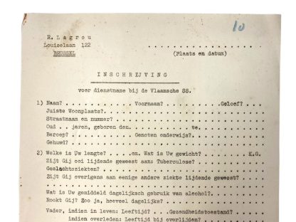 Algemeene SS Vlaanderen registration form - collaboration in Belgium - Vlaamsche SS - Militaria