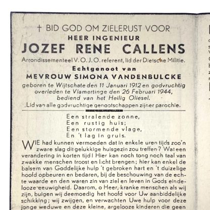 Original WWII Flemish collaboration 'Dietsche Militie' death card