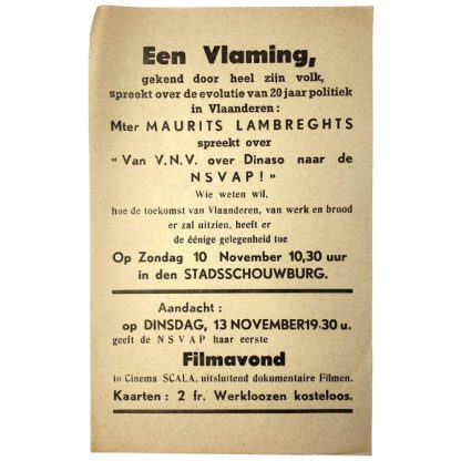 NSVAP - Nationaal-Socialistische Vlaamsche Arbeiderspartij - collaboratie in België - Flemish collaboration flyer - World War II - Militaria - Antwerp