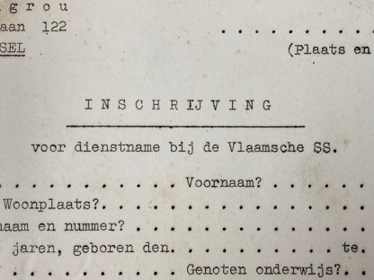 Algemeene SS Vlaanderen registration form - collaboration in Belgium - Vlaamsche SS - Militaria