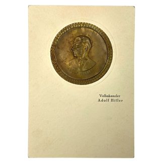 Original WWII German Adolf Hitler postcard with metal plaque