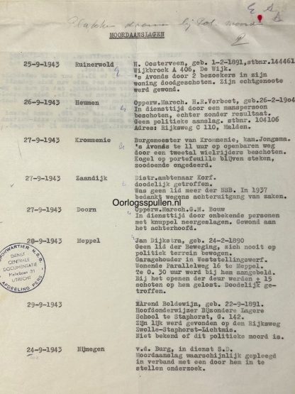 NSB lijst uit 1943 met daarop moordaanslagen - Collaboratie - NSB hoofdkwartier Maliebaan 31 in Utrecht - Tweede Wereldoorlog - Militaria - NSB list from 1943 showing assassinations - Collaboration - NSB headquarters - World War II