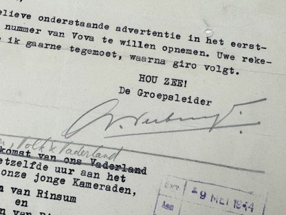 Original WWII Dutch NSB VoVa newspaper advertisement document with autograph of Groupleader Verburgt