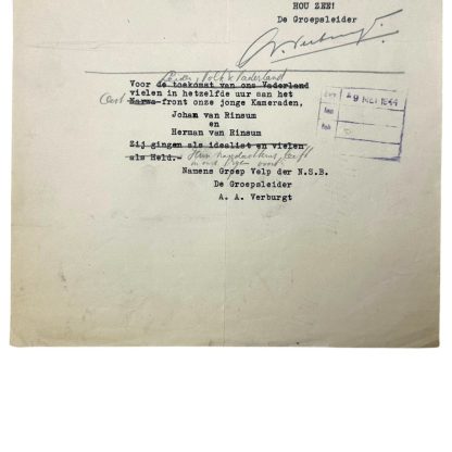 Original WWII Dutch NSB VoVa newspaper advertisement document with autograph of Groupleader Verburgt