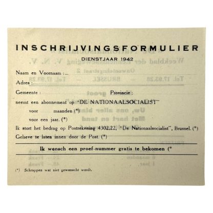 Original WWII Flemish VNV collaboration registration form for the newspaper 'De Nationaalsocialist'