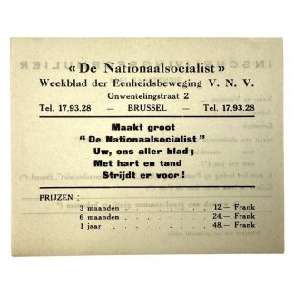 Original WWII Flemish VNV collaboration registration form for the newspaper 'De Nationaalsocialist'