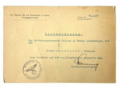 Original WWII German Waffen-SS documents regarding Italian volunteer in Verona