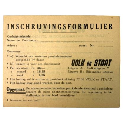 Original WWII Flemish VNV collaboration registration form for the newspaper 'Volk en Staat'