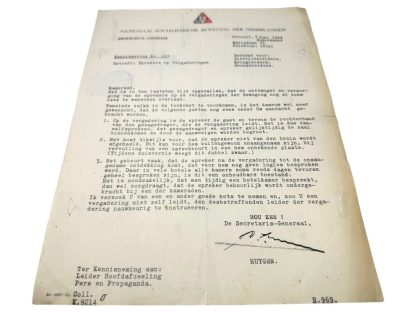 Original WWII Dutch NSB document regarding speakers at meetings