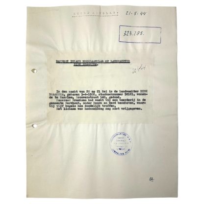 Original WWII Dutch NSB document regarding a resistance action in Berkhout (Noord-Holland)