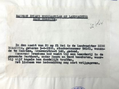 Original WWII Dutch NSB document regarding a resistance action in Berkhout (Noord-Holland)