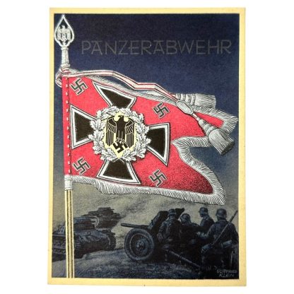 Original WWII German Panzerabwehr standard with flag postcard
