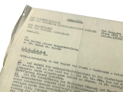 Original WWII German document regarding inundations in Gouda, Dordrecht and Rotterdam