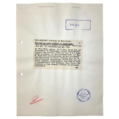 Original WWII Dutch NSB document regarding a resistance action in Venhuizen (Noord-Holland)