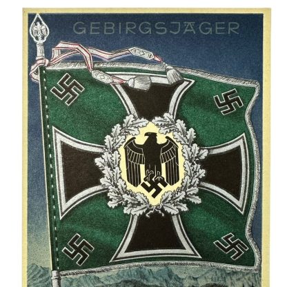 Original WWII German Gebirgsjäger standard with flag postcard