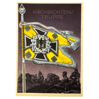 Original WWII German Nachrichtentruppe standard with flag postcard
