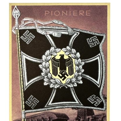 Original WWII German Pioniere standard with flag postcard
