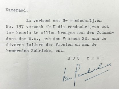 Original WWII Dutch NSB hand signed letter from Cornelis van Geelkerken to C.J. Huygen