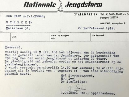 Original WWII Dutch Nationale Jeugdstorm document hand signed by C.Quispel