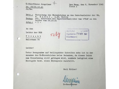 Original WWII German SS letter from SS-Oberführer Jungclaus (hand signed) to NSB leader Anton Mussert
