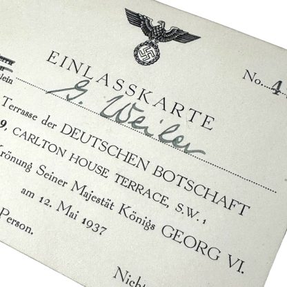 Original WWII German admission card for the coronation of England's King Georg VI in London
