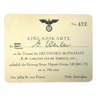 Original WWII German admission card for the coronation of England's King Georg VI in London 12 May 1937 Nazi party