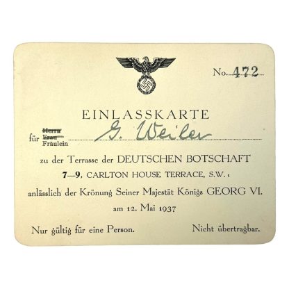 Original WWII German admission card for the coronation of England's King Georg VI in London 12 May 1937 Nazi party