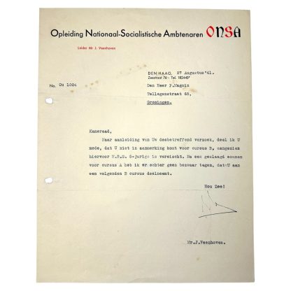 Original WWII Dutch ONSA collaboration letter