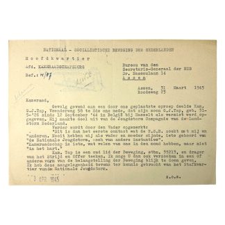 Original WWII Dutch NSB document regarding missing SS man from the Jeugdstorm Compagnie of Landstorm Nederland near Hasselt