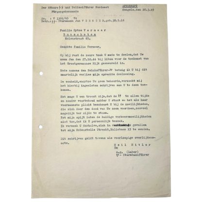 Original WWII Dutch Waffen-SS volunteer death letter Bunschoten