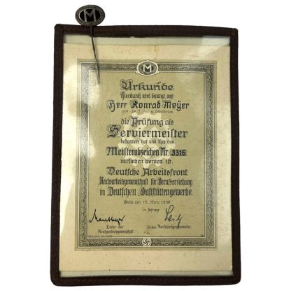 Original WWII German D.A.F. 'Serviesmeister' stickpin and citation