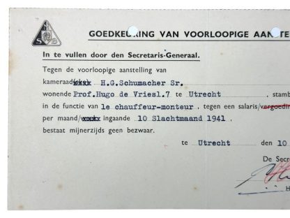 Original WWII Dutch NSB 'Approval of Provisional Appointment' document signed by Secretary General Huygen